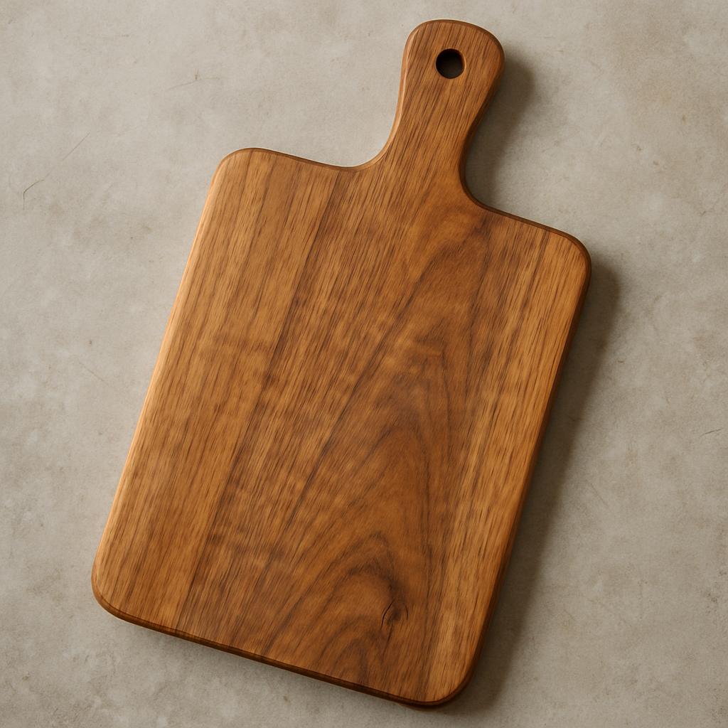A wooden chopping board with a hole in it. The board is made of light-colored wood and has a handle of wooden material on ...