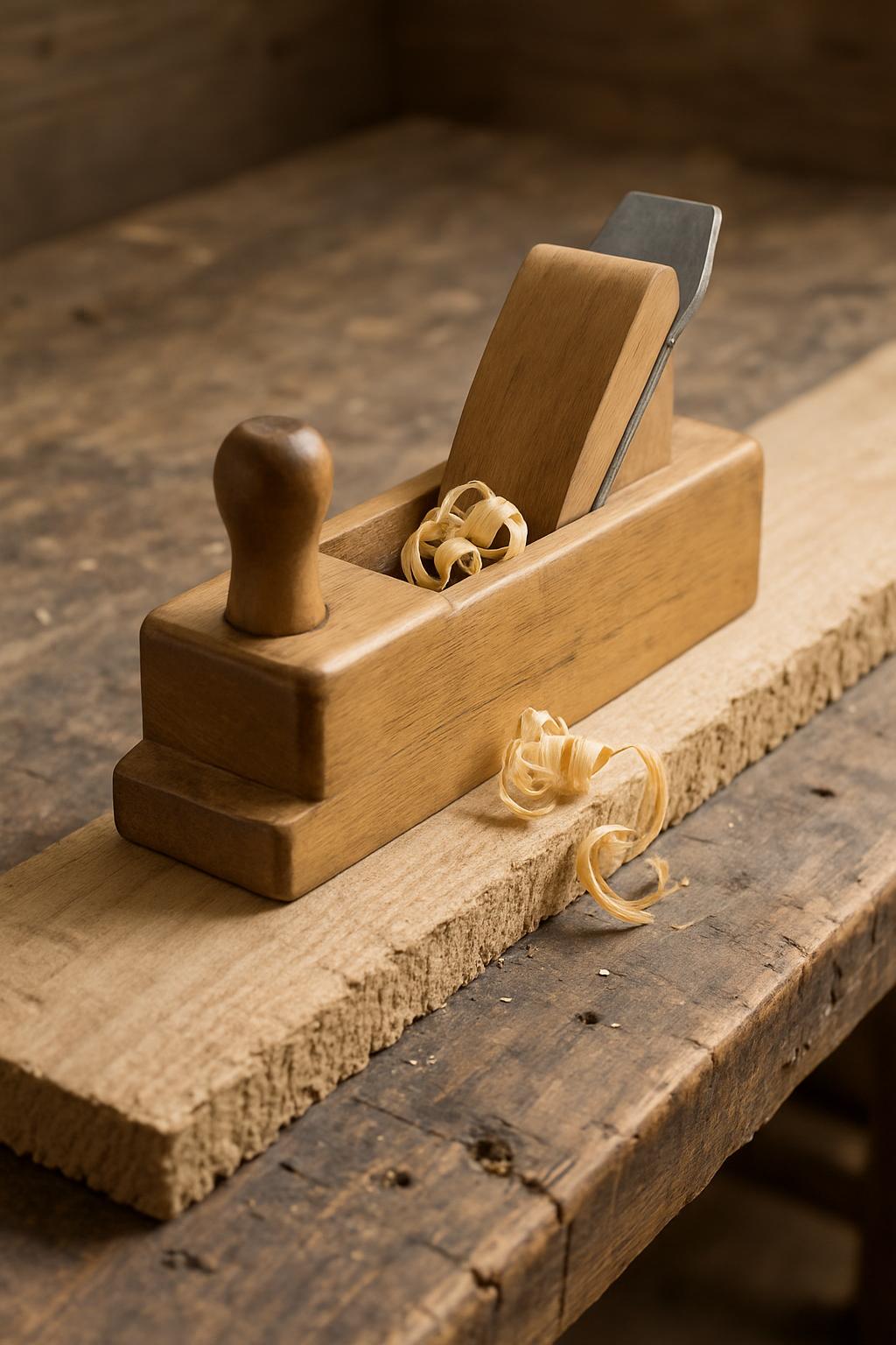 This is an image of a block plane and a piece of wood. • A wooden plane with a blade • Wood shavings • A wooden plank