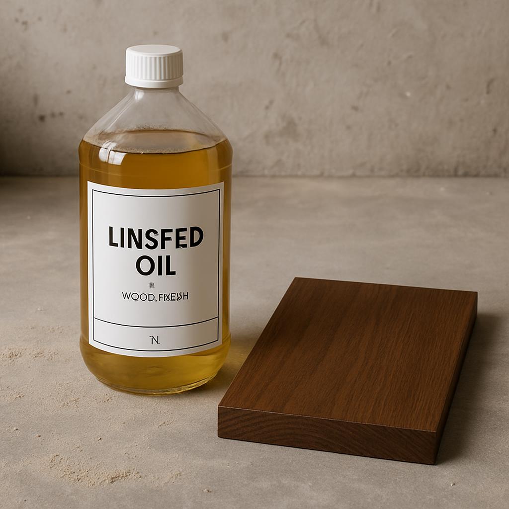 A bottle of linsfed oil and a small wooden plank on a table.