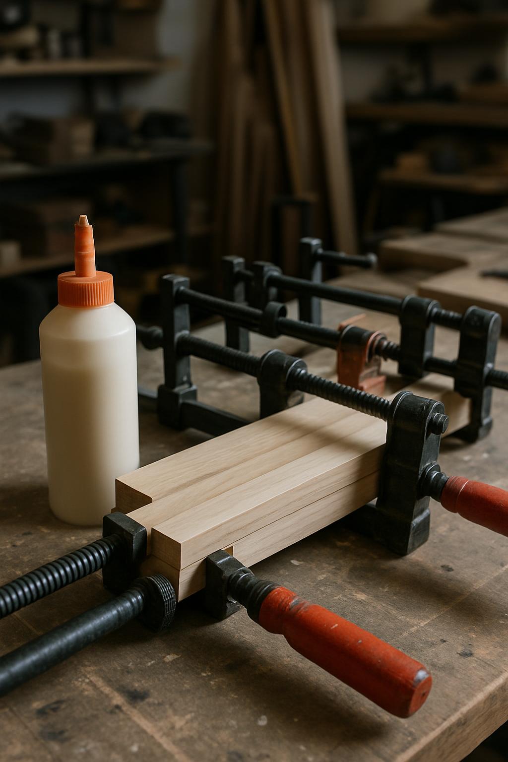 Woodworking equipment consisting of a clamp and glue bottle on a wooden table in a workshop.