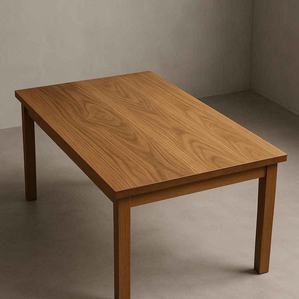 A mid-size walnut table standing against a wall, with minimal details.